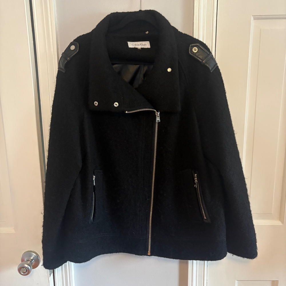 Calvin Klein Women XXL Moto Jacket Black Wool Blend Asymmetrical Zipper